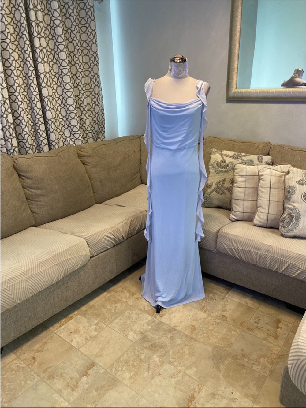 Cider Women XL light blue cowl-neck maxi dress features cascading side ruffles